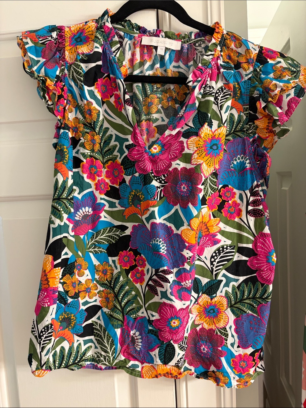 Sugarlips Bright Floral V-Neck Flutter Sleeve Top in Pink, Blue & Yellow